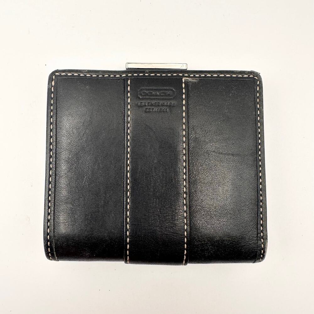 Coach Vintage Y2K Bifold Wallet Black Leather Contrast White Stitching Silver